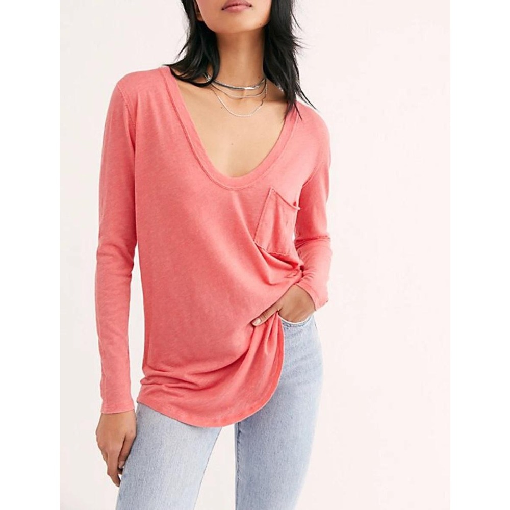 Free People We The Free Betty Tee Women XS Pink V-Neck Long Sleeve Boho Layering